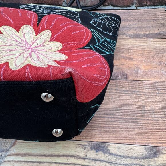 Floral Stitched Black Canvas Tote Handbag Talbots Zip Double Handle - Picture 6 of 12